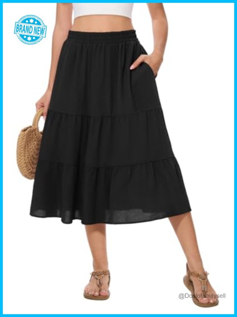 Women's Summer Midi Tiered Flowy High Waist A-Line Casual Skirt